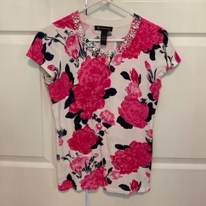 INC pink/black/white floral top with rhinestone neck detail